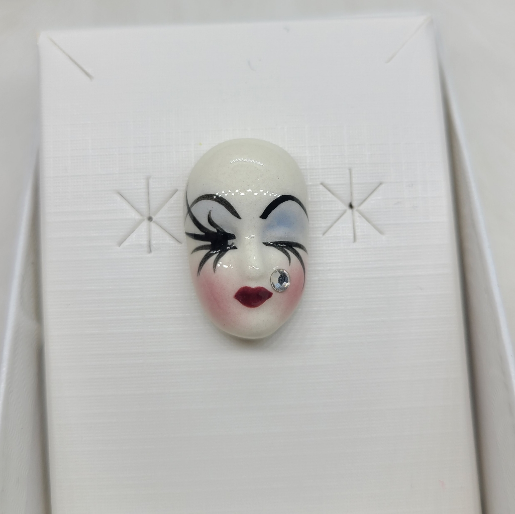 Vintage Fancy Faces Brooch Pin Handpainted Porcelain Mask Wink With Rhinestone